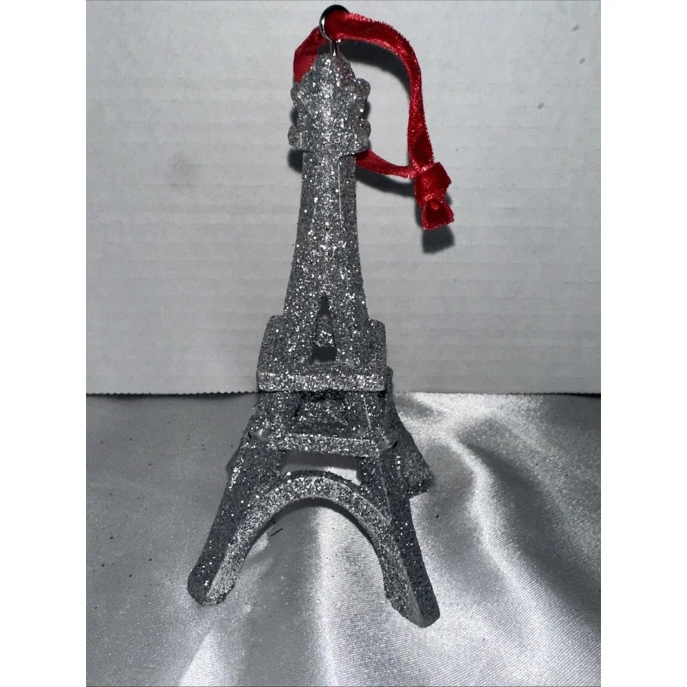 Silver Glitter Eiffel Tower Christmas Ornament Paris France Red Velvet Ribbon
